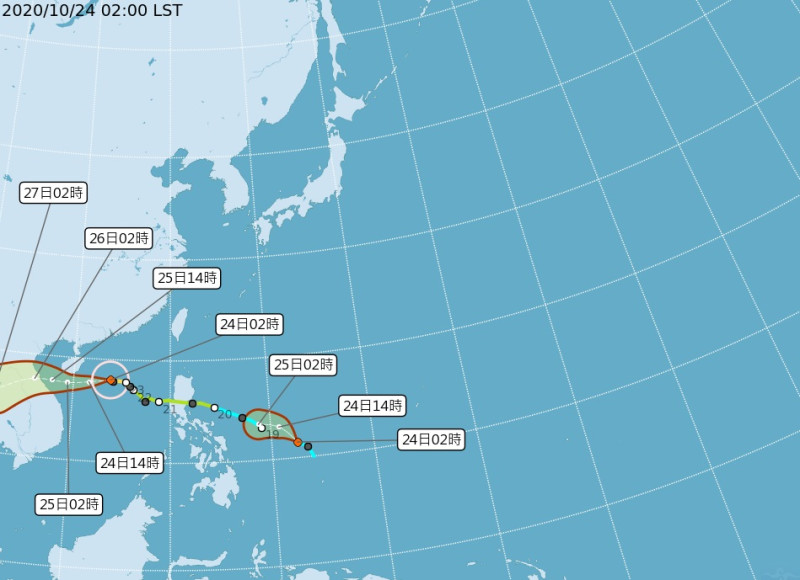 菲律賓東方海面一熱帶低壓，最快在今天有發展成第18號颱風「莫拉菲」的趨勢。   圖/氣象局