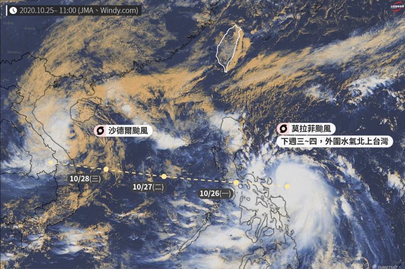 28日、29日莫拉菲颱風外圍水氣會飄到台灣，要注意北部以及宜花一帶的降雨會增多。   圖：翻攝自台灣颱風論壇｜天氣特急臉書