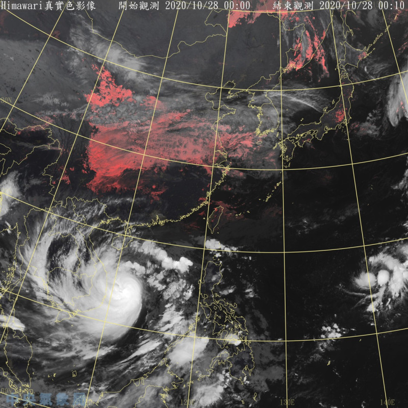 中颱莫拉菲（左下）朝越南方向進行，對台灣無直接影響。另一個距離鵝鑾鼻東南東方的一個熱帶性低氣壓（右下），正在成形。   圖：中央氣象局/提供