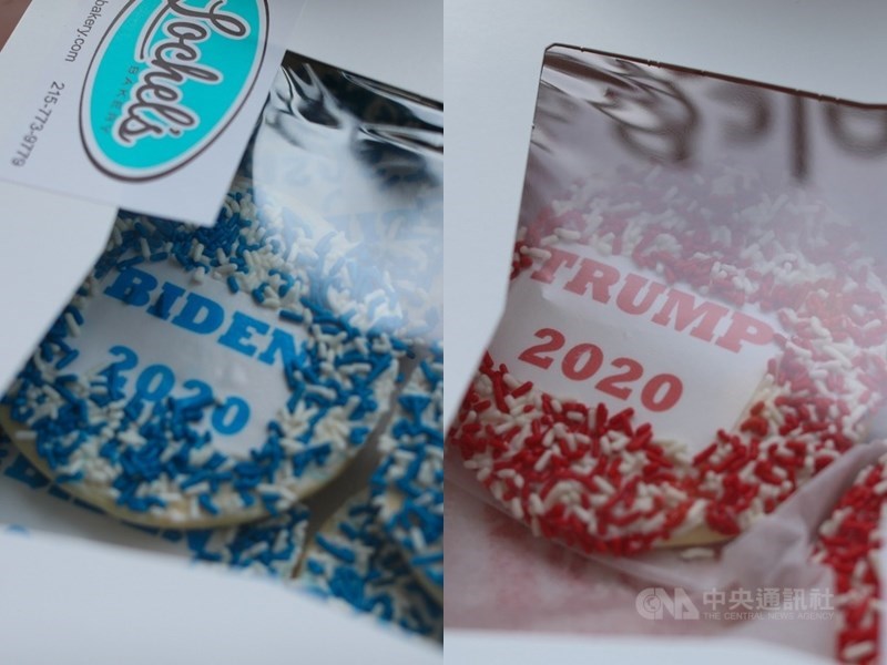 賓州蘿修烘培坊（Lochel's Bakery）近日推出2020年美國大選「候選人餅乾」，引發支持者搶購。目前民主黨總統候選人拜登版餅乾（左）銷售約3000片，遠低川普版（右）的1萬3000片。   圖/中央社提供