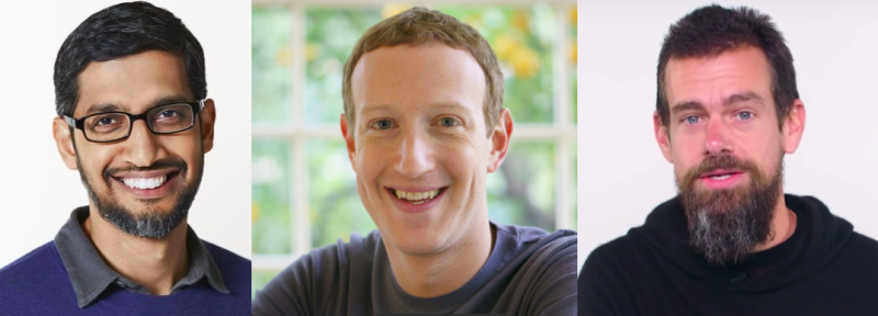 Google執行長皮查伊（左）、臉書執行長祖克柏（中）、推特執行長多西（右）將出席美國參議院聽證會。   圖：新頭殼合成