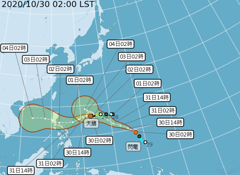 中央氣象局預測目前在南海2個颱風的消息，「天鵝」有機會增強，而「閃電」快速生成，形成雙颱共舞情景。   圖：中央氣象局/提供