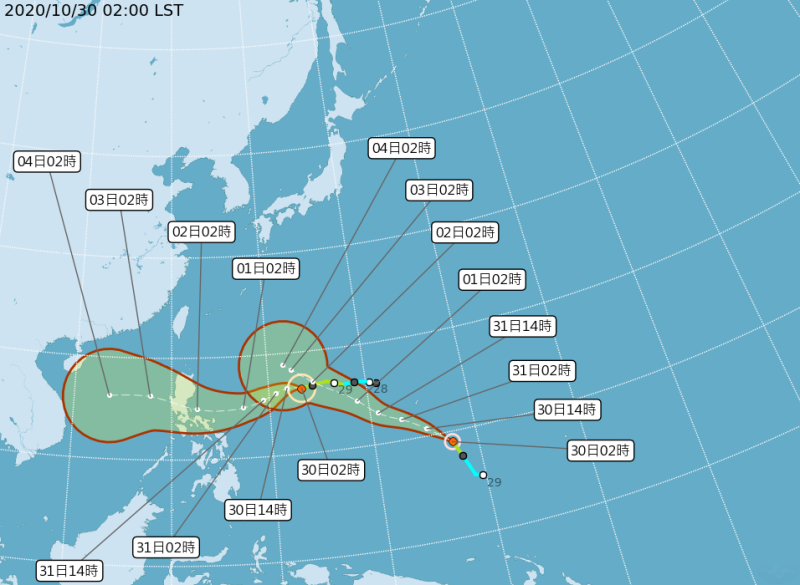 第19號颱風「天鵝」和第20號颱風「閃電」離台灣都還有距離，會不會影響天氣要再觀察。   圖：翻攝自中央氣象局