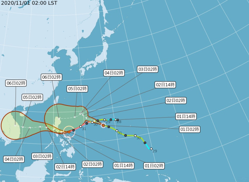 第20號颱風「閃電」目前朝西北西前進，路徑「不確定性」提高。   圖/氣象局