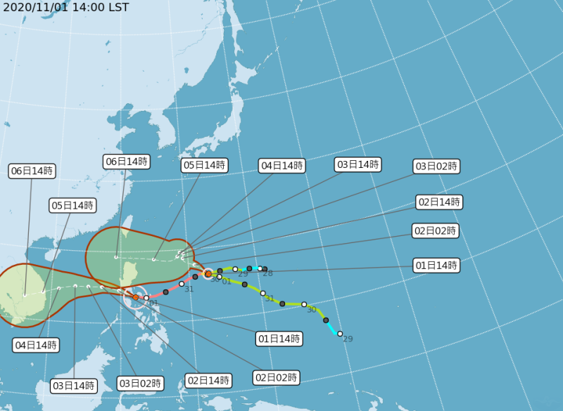 第19號颱風「天鵝」、第20號輕度颱風「閃電」預測路徑出爐，「閃電」對台影響仍不明。   圖：翻攝自中央氣象局