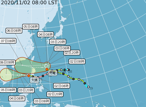 氣象局目前預測中颱天鵝及輕颱閃電的未來路徑及方向。   圖：中央氣象局/提供