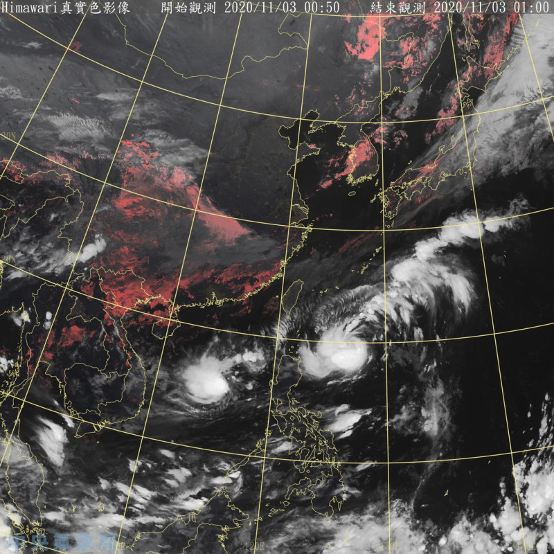 從衛星雲圖上來看，位在台灣東南方的輕颱「閃電」，目前因為氣流不明顯，在原地打轉中。   圖：中央氣象局/提供