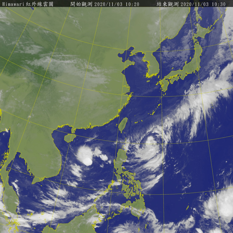 從衛星雲圖上來看，位於台灣東南方海面上的輕颱閃電，目前因為沒有導引氣流關係，進入鞍型場在原地打轉。   圖：中央氣象局/提供