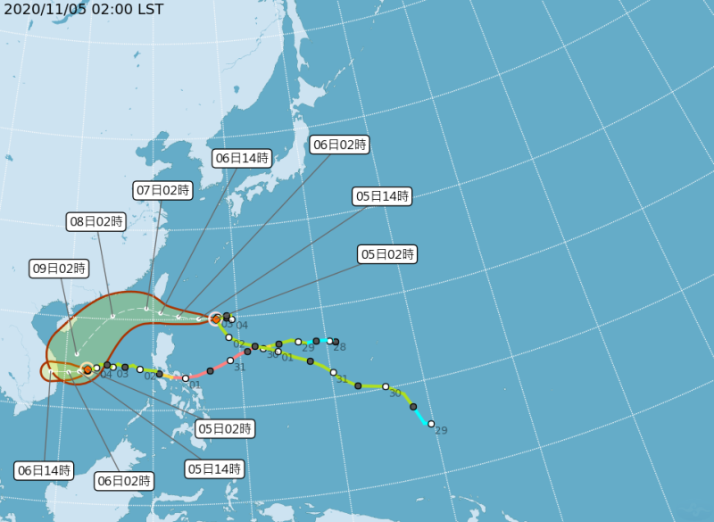 氣象局預估明日上午閃電颱風中心位置將抵達鵝鑾鼻的東南方約190公里處。   圖：中央氣象局提供