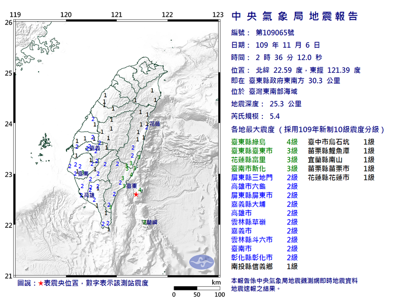 台灣東南部海域6日凌晨2點36分發生5.4強震，幾乎全台有感。   圖：翻攝中央氣象局