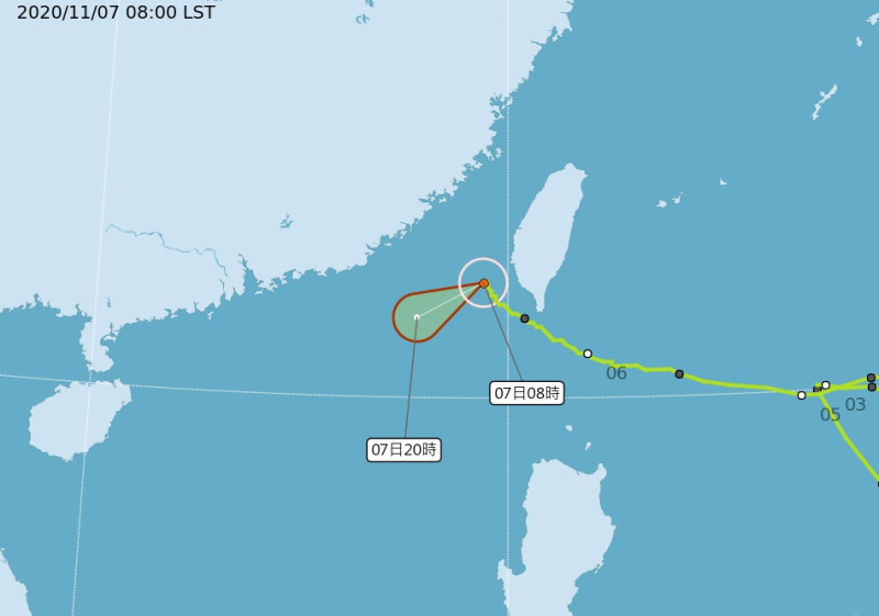 颱風閃電清晨5時中心位於鵝鑾鼻西北西方150公里的海面上，向西南西轉西南進行。   圖/氣象局
