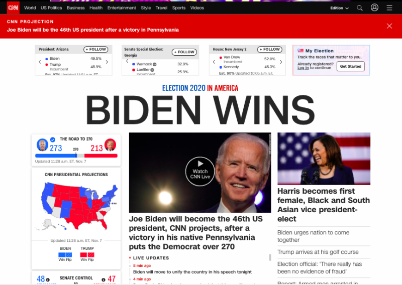 CNN報導，民主黨總統候選人拜登已贏得賓州，越過270張選舉人票門檻成為美國新任總統。   圖：擷取CNN官網