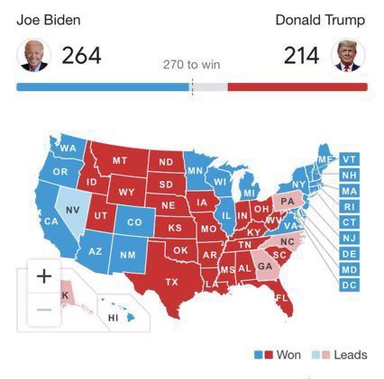 該名國外粉絲所截的美國各州選情分布圖。   翻攝自Twitter