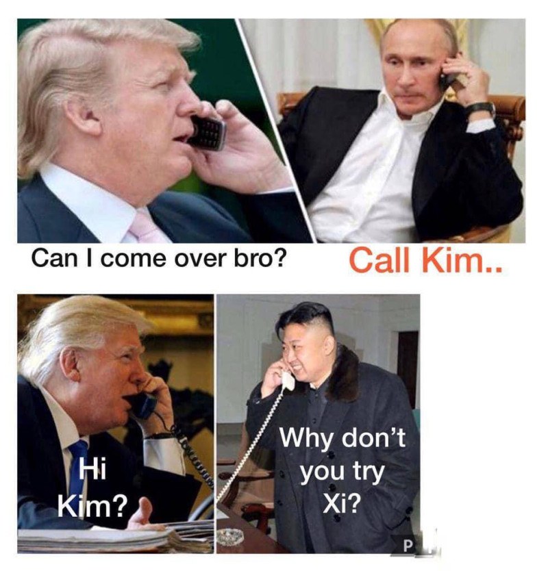 川普打電話聯絡俄羅斯總統普丁，「哥！我可以隨時去你家坐坐嗎？」但普丁卻要他聯絡北韓領導人金正恩，而金正恩一接到電話便說，「你為何不嘗試XI？」   圖：翻攝自網路