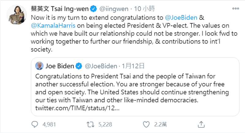 今（8日）上午，蔡英文總統便透過推特（Twitter）發佈貼文，巧妙祝賀拜登當選美國總統。   圖：翻攝自蔡英文Twitter貼文