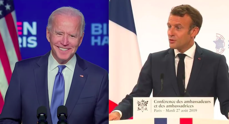 美國民主黨候選人拜登贏得總統大選（左）。法國總統馬克宏。（右）   圖：新頭殼合成
