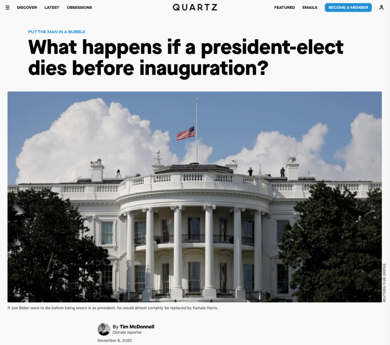 美國《石英財經網》（Quartz）以「如果總統當選人在就職典禮前死去怎麼辦？」（What happens if a president-elect dies before inauguration?）為題發文提問   圖：翻攝美國《石英財經網》（Quartz）網站