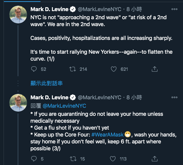 美國紐約衛生委員會主席萊文（Mark D. Levine）在推特提醒紐約市民雖然還未出現疫情第二波流行，但已處於中間階段，建議市民遵守防疫4大原則，戴口罩、勤洗手、身體不適就留在家裡休息、保持距離。   圖：翻攝美國紐約衛生委員會主席萊文（Mark D. Levine）推特