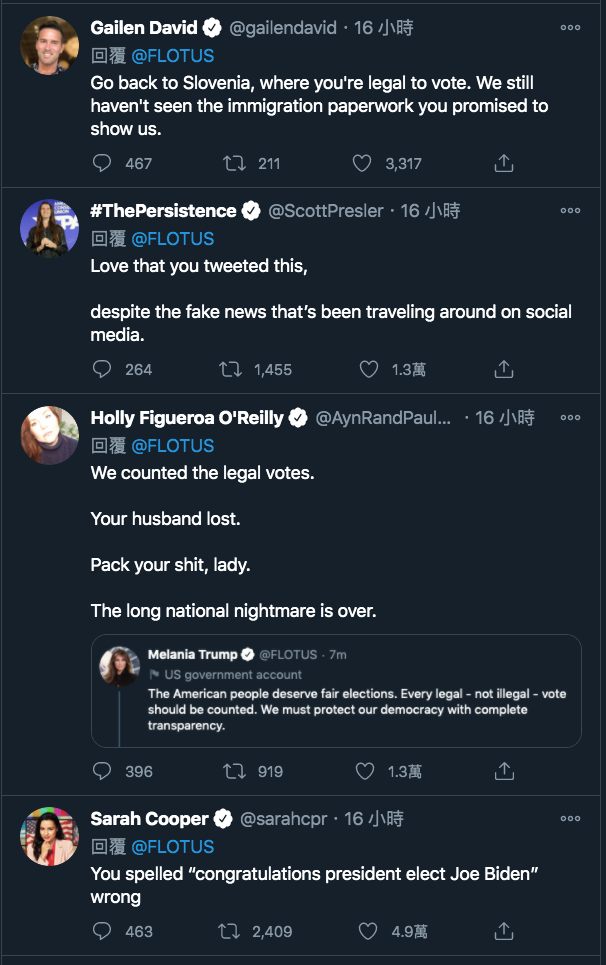 外國推特用戶在梅蘭妮亞的推文爭論何謂「非法選票」，有網友酸「回去斯洛維尼亞，那裡才是你能合法投票的地方。我們到現在都還沒看到你承諾要秀給我們看的合法移民文件。」   圖：翻攝梅蘭妮亞（Melania Trump）推特