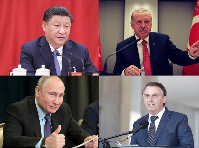 中國領導人習近平、俄羅斯領導人普丁、土耳其總統艾爾段、巴西總統波索納洛。   圖：新頭殼合成