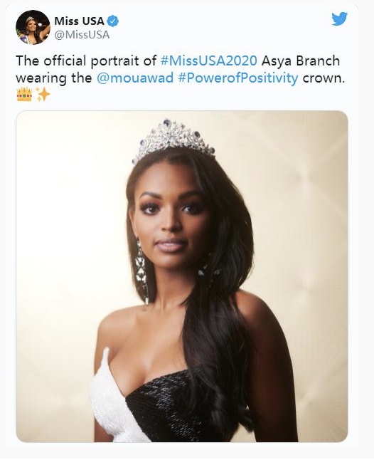 阿斯亞•布蘭奇(Asya Branch)摘得2020美國小姐桂冠。   圖：Miss USA Twitter