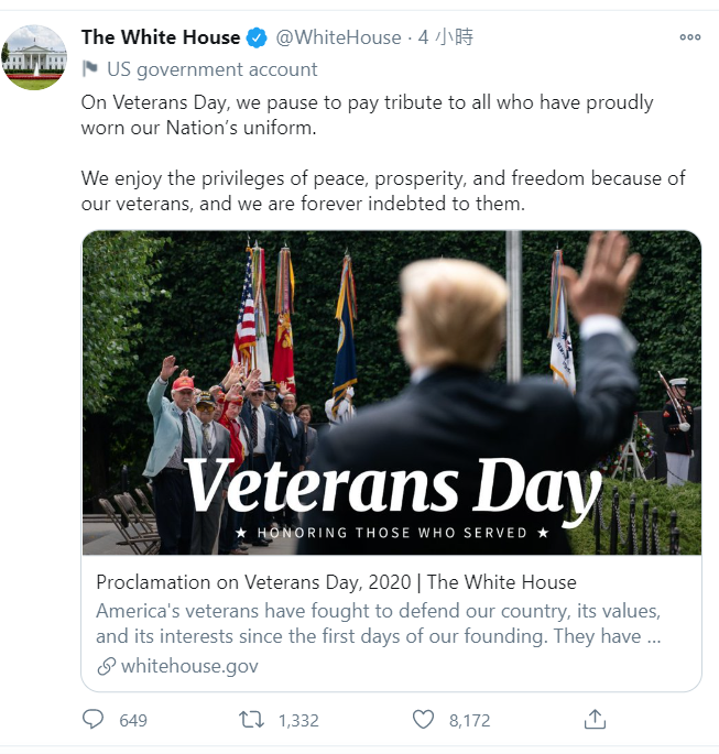 美國媒體4天前就預測拜登（Joe Biden）將入主白宮。此後川普除了透過推特（Twitter）發文，以及釋出一份紀念退伍軍人節（Veterans Day）的聲明，不曾對全國發表談話。   圖：擷取自Twitter The White House