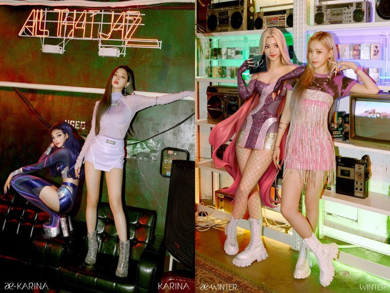 SM娛樂新推出的女團aespa話題十足，每位成員都有專屬的虛擬角色。(左為Karina、右為Winter)   圖：翻攝自aespa推特