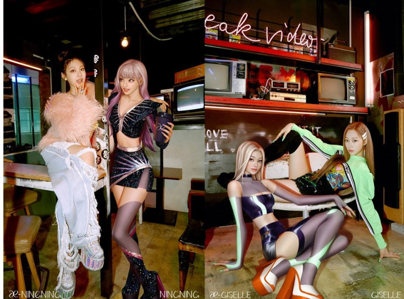 SM娛樂新推出的女團aespa話題十足，每位成員都有專屬的虛擬角色。(左為中國籍成員Ningning、右為日本籍成員Giselle)   圖：翻攝自aespa推特