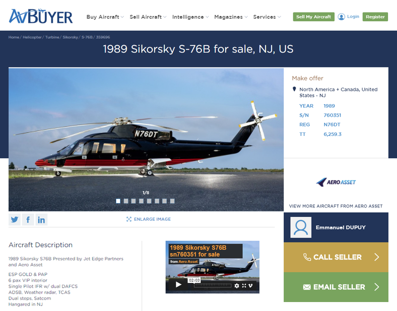 為解決債務問題，川普正出售私人直升機。(圖為同型機)   圖:截取自Avbuyer網站