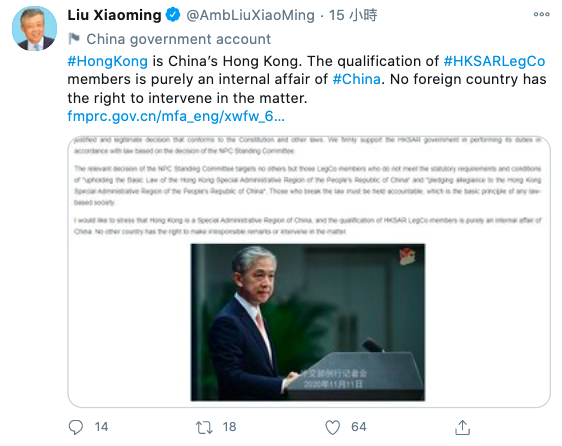 劉曉明強調香港事務屬中國內政，外國無權干涉。   圖：翻攝自劉曉明推特