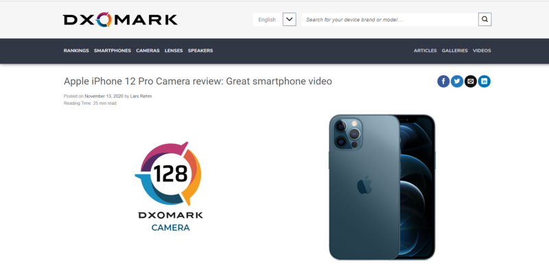 iPhone 12 Pro相機功能總分128，在DXOMark拿下第4名。   圖：翻攝自DXOMark官網