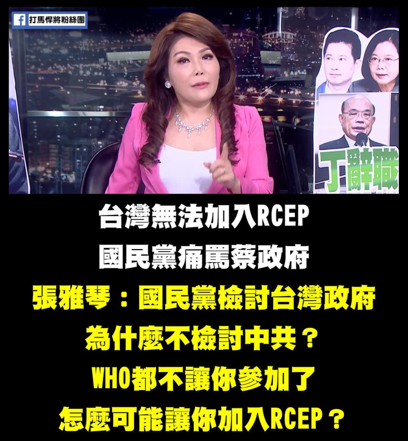 年代新聞主播張雅琴痛批國民黨，「中國連WHO都不讓你參加了，何況是RCEP」。   圖：翻攝自打馬悍將粉絲團臉書