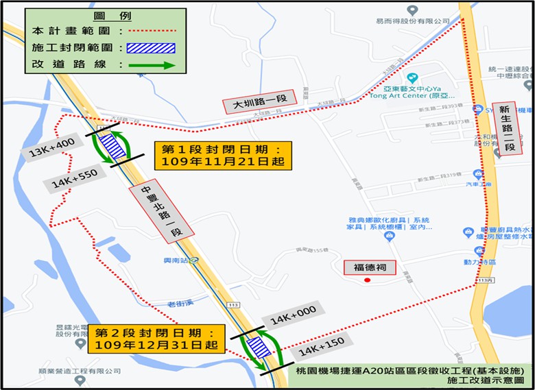 桃園市政府工務局將自11/21起分段封閉中壢區中豐北路一段南北雙向車道，封閉期間皆有設置臨時便道，提醒用路人改道行駛。   圖：桃園市政府工務局/提供