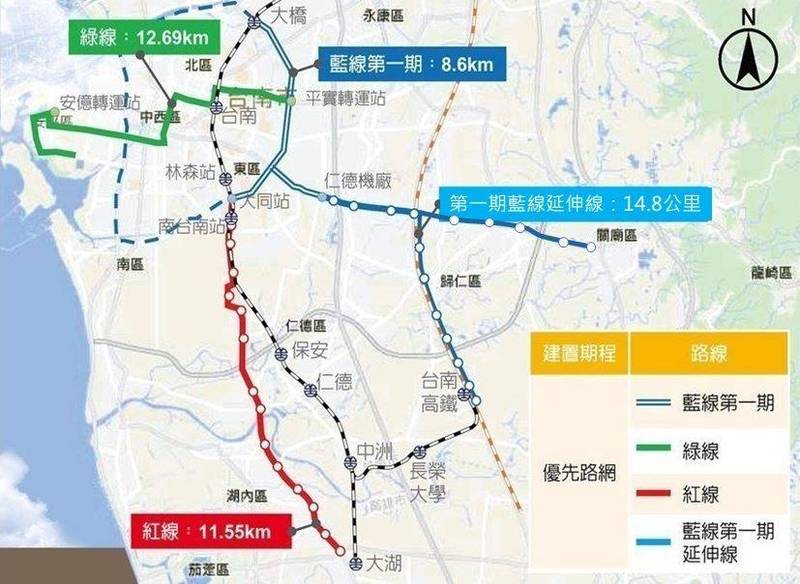 台南市捷運優先路網示意圖。   圖：台南市交通局／提供