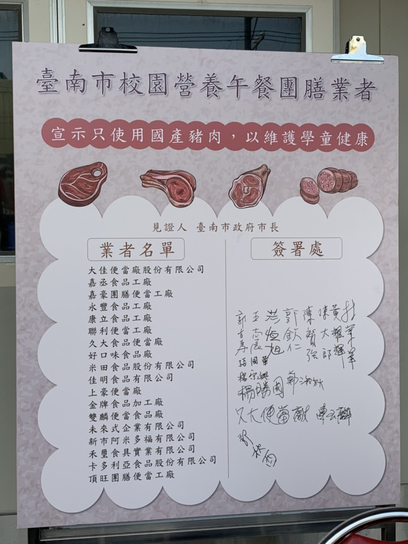 教育部公布團膳契約修正範本,明訂學校午餐團膳供應一律使用國產豬肉並立下罰則。南市也宣示將嚴格落實食安政策,針對團膳契約內容規範會有更嚴格要求。 圖:台南市政府提供