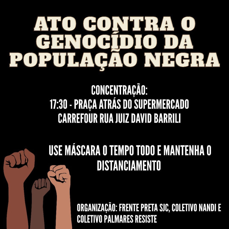 對於巴西有一名黑人男子日前在家樂福前遭到兩名白人警察毆打致死事件，當地有許多民眾今日前往家樂福進行抗議。   圖：翻攝自Frente Preta SJC臉書