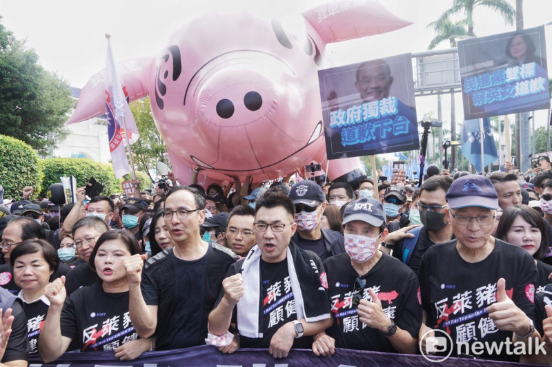 國民黨人士參與秋鬥大遊行，反對美豬進口。   圖：張良一/攝