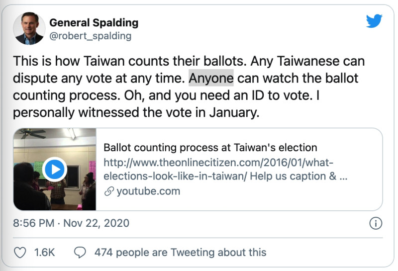 斯伯丁在推特PO分享台灣選舉 。   圖：截自斯伯丁推特