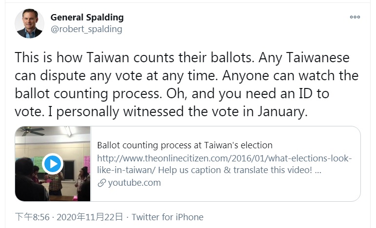哈德遜研究所高級研究員斯伯丁分享台灣選舉的開票過程，表示自己在今年1月親自見證，網友反應熱烈。   圖：翻攝自斯伯丁推特