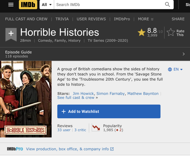 《IMDb》介紹，《糟糕歷史》是由一群英國喜劇演員以輕鬆娛樂方式講述歷史不為人知的一面，包含希臘、羅馬、埃及、中國到英國等歷史上各個王朝，評分高達8.8分。   圖：翻攝《IMDb》