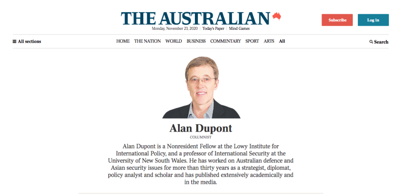 澳洲國際安全專家杜邦（Alan Dupont），自2016年以來一直擔任Cognoscenti澳洲政治風險諮詢公司的首席執行長。   圖：翻攝《澳洲人報》（The Australian）網站