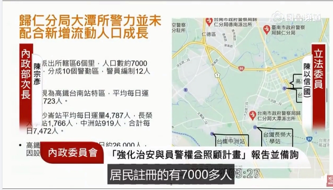 陳以信要求加強台南市高鐵特區警力。   圖 : 翻攝自國會頻道