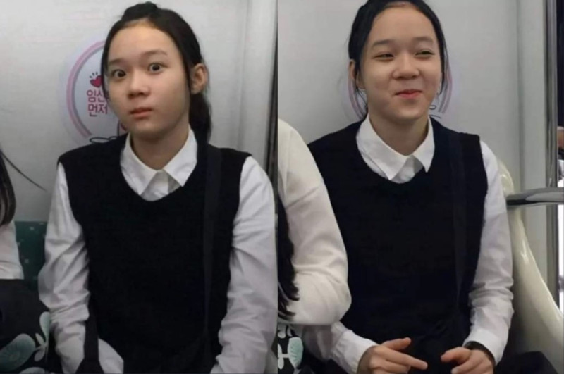照片中的小Winter坐在韓國地鐵「孕婦優先座位」上，引起韓網抨擊，但台灣網友卻只看到她的鼻子。   圖：翻攝自韓網
