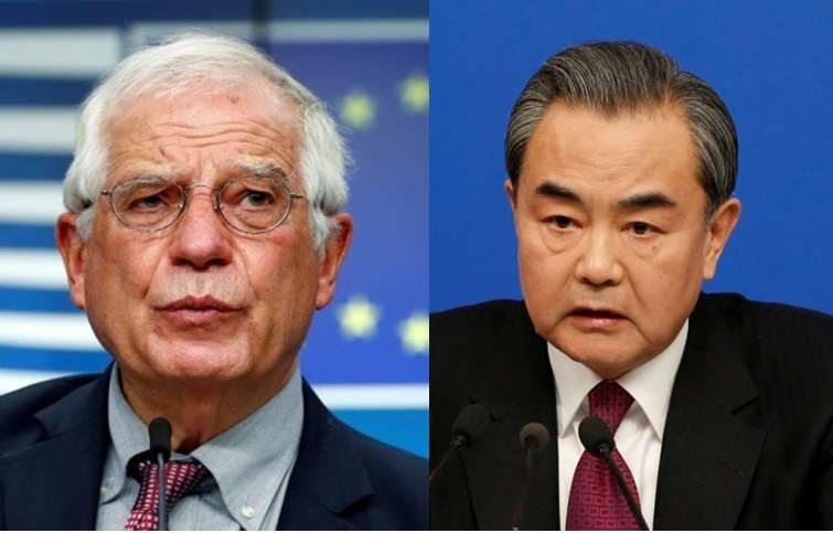 歐盟外交和安全政策高級代表波瑞爾（左）與中國外交部長王毅進行電話會談。   圖：達志影像/路透社（新頭殼合成）
