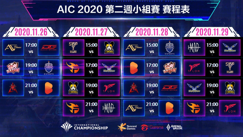 AIC 2020國際賽第二週小組賽賽程表公布 圖：Garena/提供