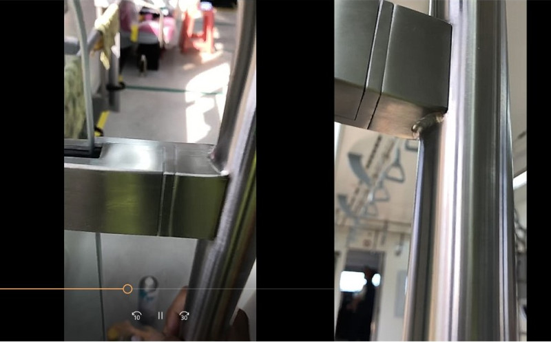 立委指出扶手未焊接完全，台鐵局拍影片證明，確認上下連接處皆有完全焊接，安全性沒問題。   圖：台鐵局／提供