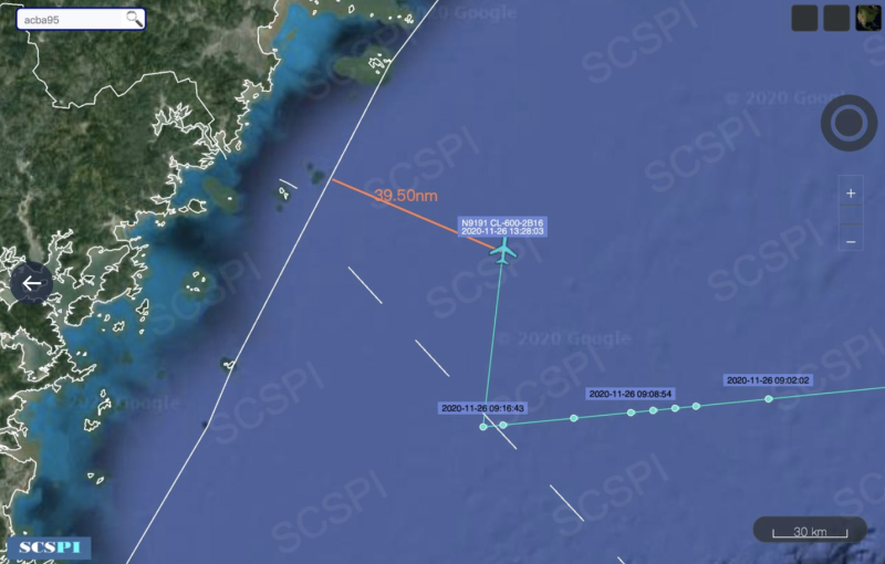 美國Tenax公司一架CL-604飛機，穿越台灣北部、行經中國東海空域進行偵察，與中國領海基線距離最近約73公里。   圖：翻攝SCSPI推特