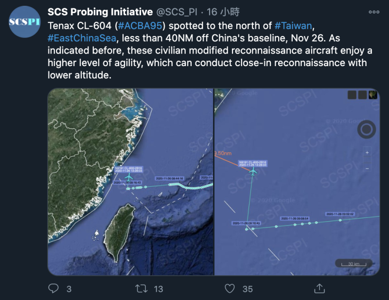 「南海戰略態勢感知計畫」指出，美國Tenax公司CL-604偵察機穿越台灣北部，靠近中國海岸線後，利用低空優勢，對中國進行近距離高強度偵察。   圖：翻攝SCSPI推特