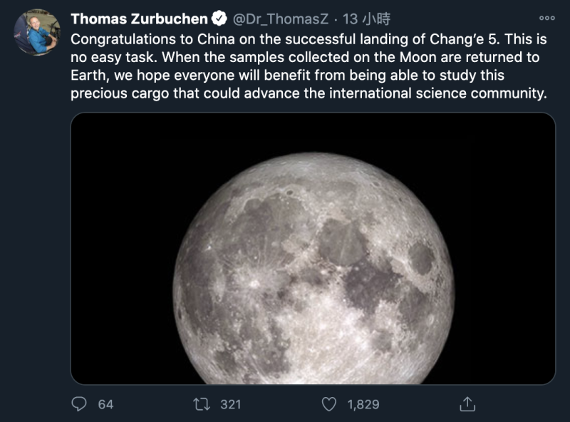 ASA科學任務負責人朱布肯（Thomas Zurbuchen）則在推特祝賀表示，「這不是簡單的任務」   圖：翻攝Thomas Zurbuchen推特