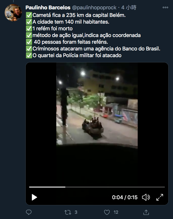 巴西東部聖卡塔里納州克里西烏瑪市（Criciúma）當地時間1日傳出大規模銀行武裝搶案，劫犯行搶後沿途對空掃射且焚燒車輛。   圖：翻攝Paulinho Barcelos推特